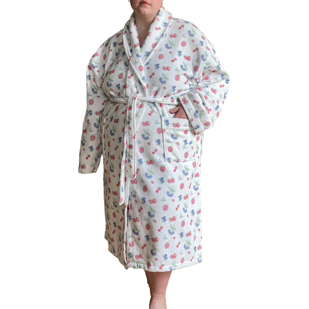 Women Dressing Gown Flannel Robe Floral Print Shawl Collar Bathrobe