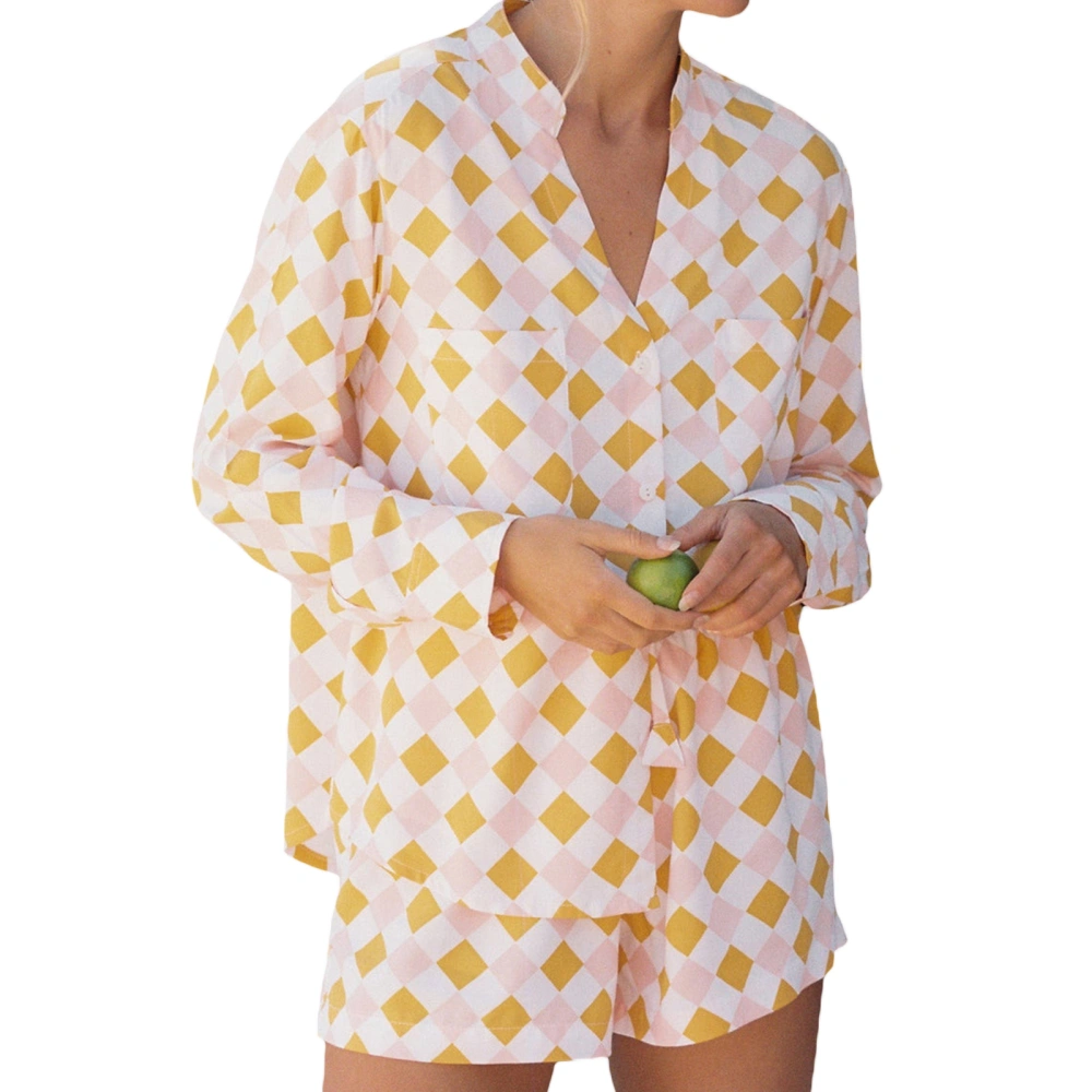 Women’s 2 Piece Pajamas Set Long Sleeve Stand Collar Shirt + Shorts