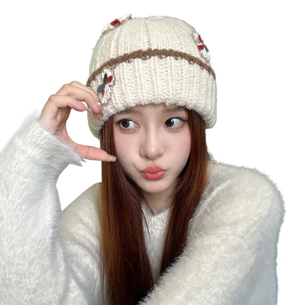 Women's Winter Warm Beanie Hat Cute Cherry Embroidery Warm Cap