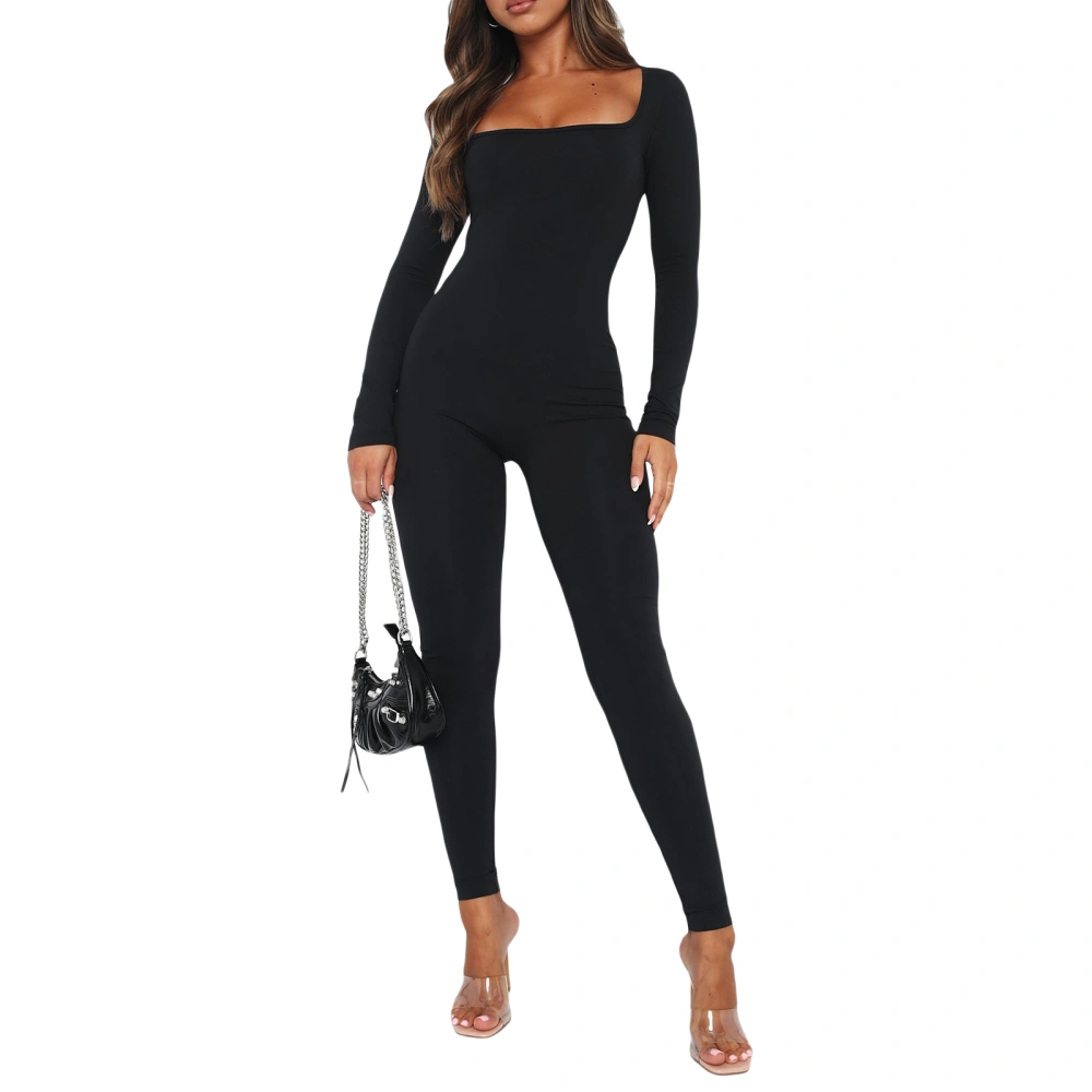 Women Bodycon Jumpsuits Solid Color Square Neck Long Sleeve Rompers