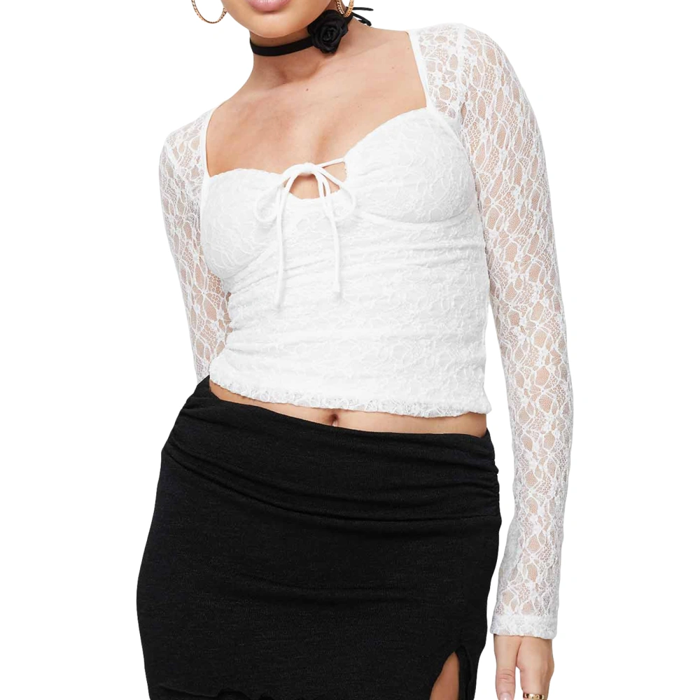 Women T-shirt, See-through Long Sleeve Tie-up Patchwork Lace Tops