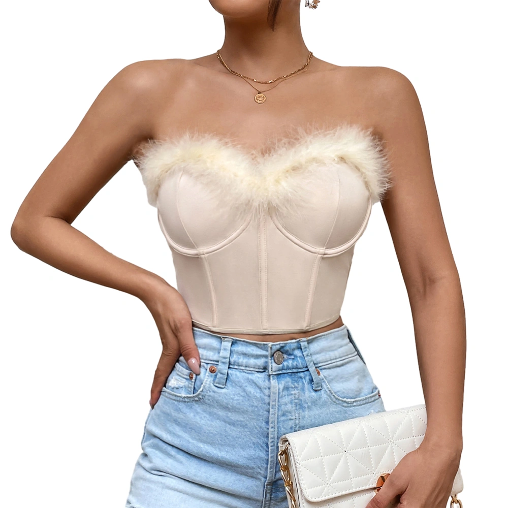 Women's Corset Tube Tops Strapless Bustier Fur Trim Bandeau Crop Tops