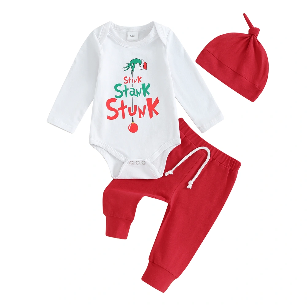 Baby Boys Long Sleeve Letter Print Romper Red Pants Hat Sets