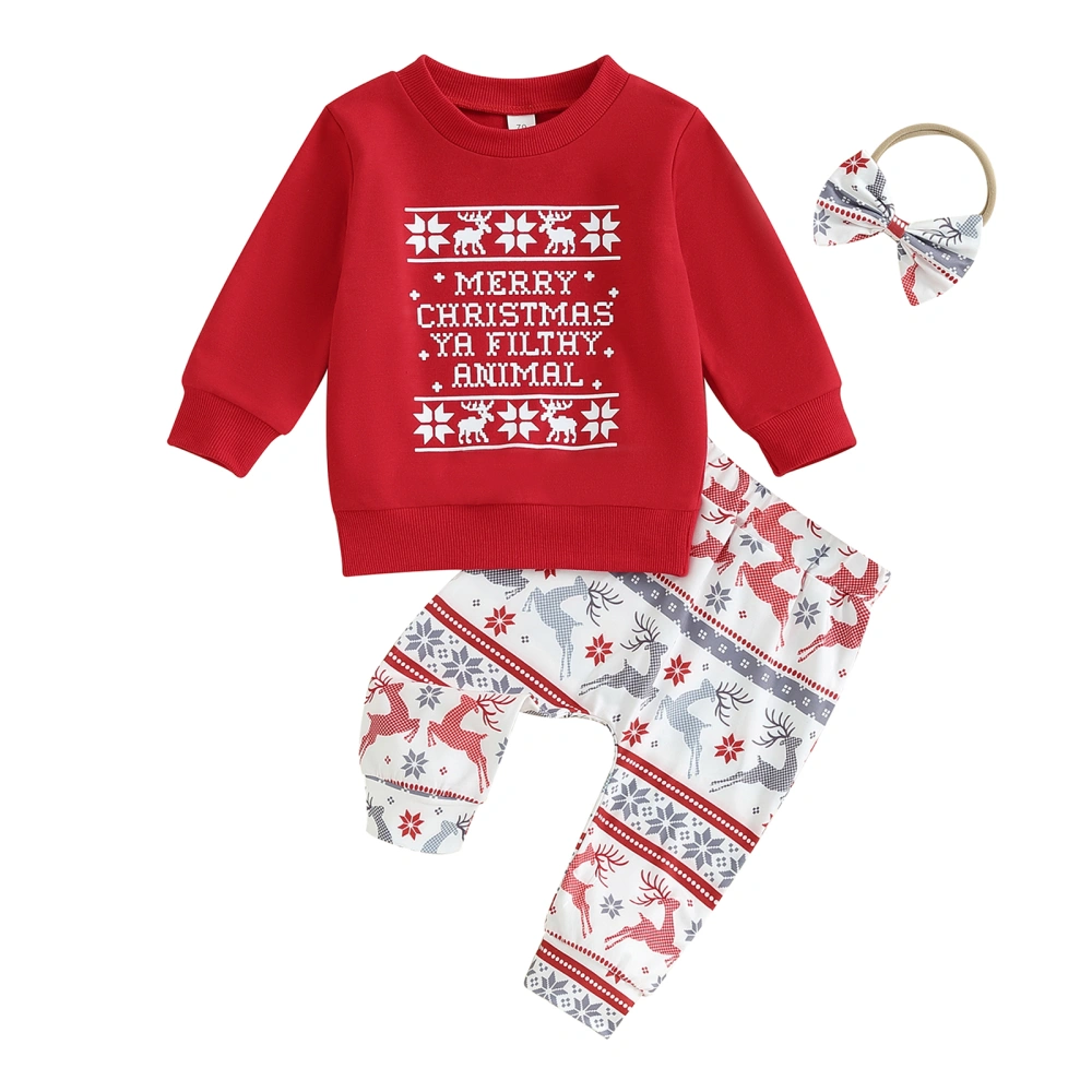 Toddler Girls Letter Print Tops Snowflake Elk Print Pants Headband Set