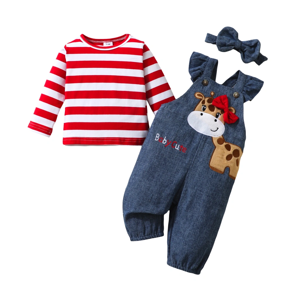 Baby Girls Outfit, Striped T-shirt Giraffe Overalls and Headband