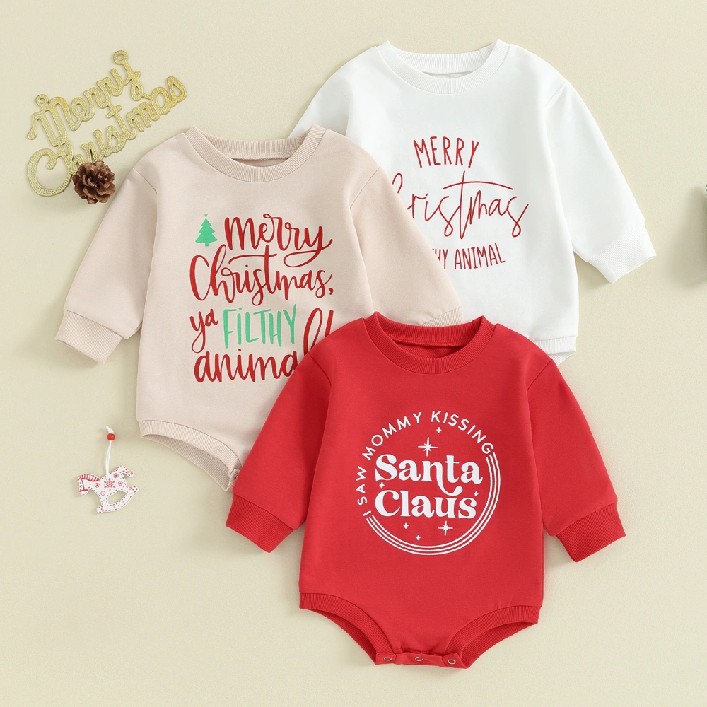 Baby Girls Christmas Long Sleeve Crewneck Letter Print Romper