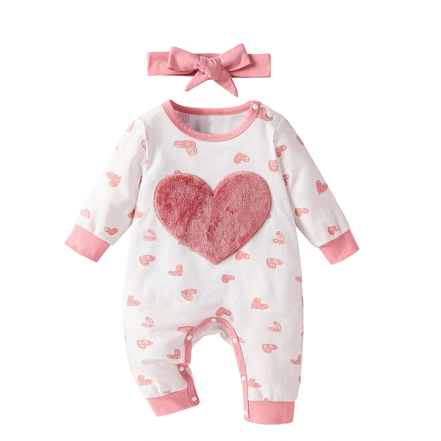 Baby Girl Fall Outfits Plush Heart Embroidery Jumpsuit with Headband