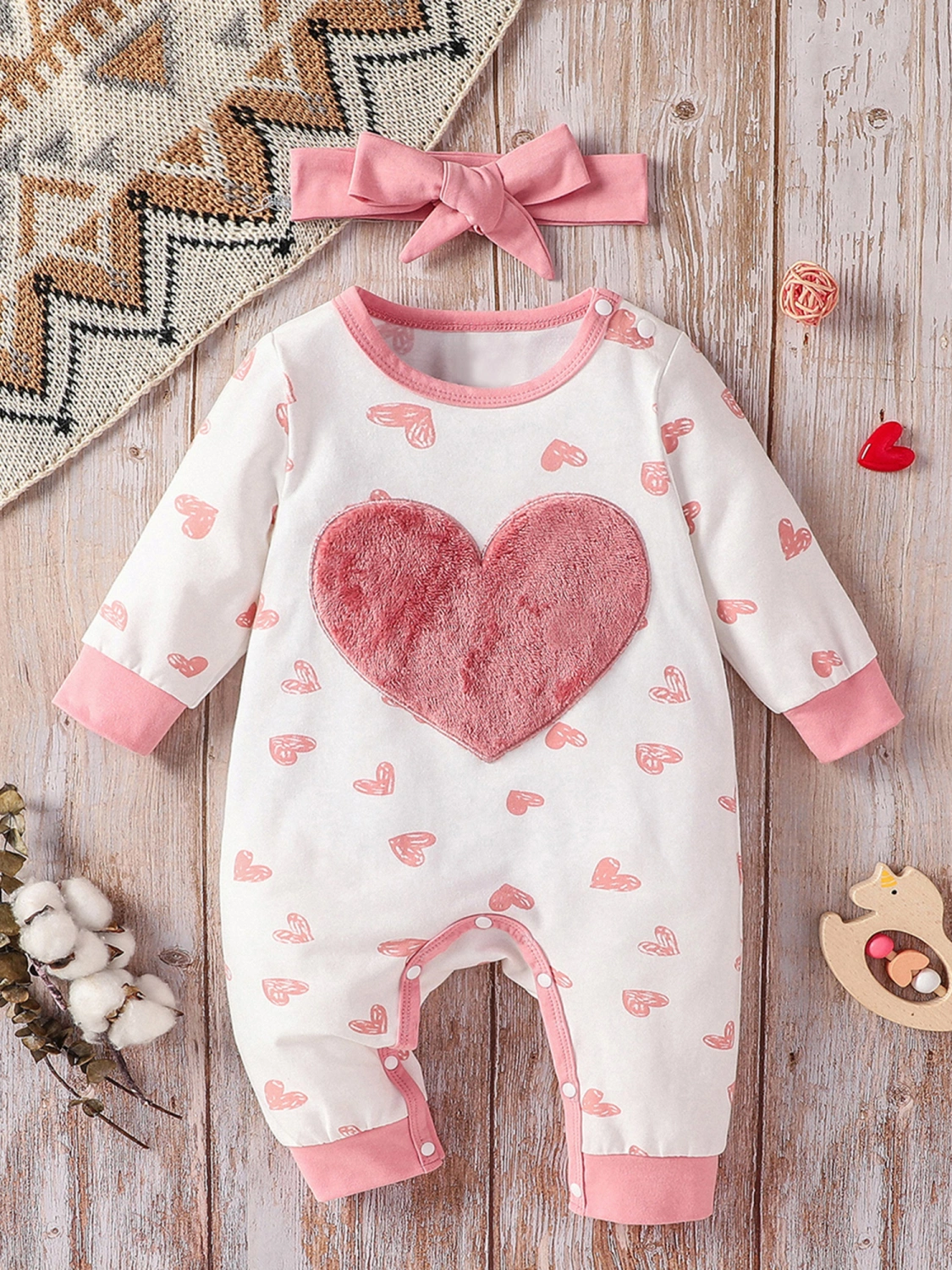 Baby Girl Fall Outfits Plush Heart Embroidery Jumpsuit with Headband