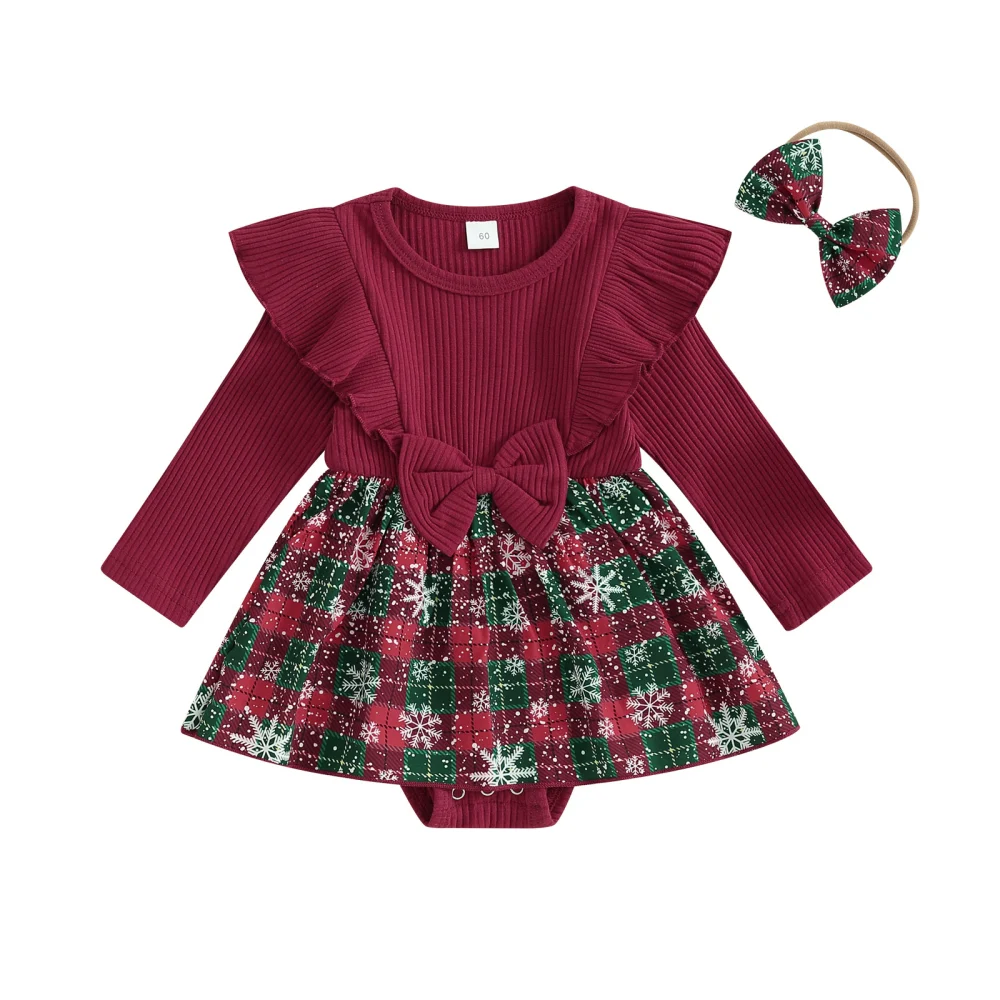 Baby Girls Christmas Outfit, Snow Print Plaid Romper Dress Headband