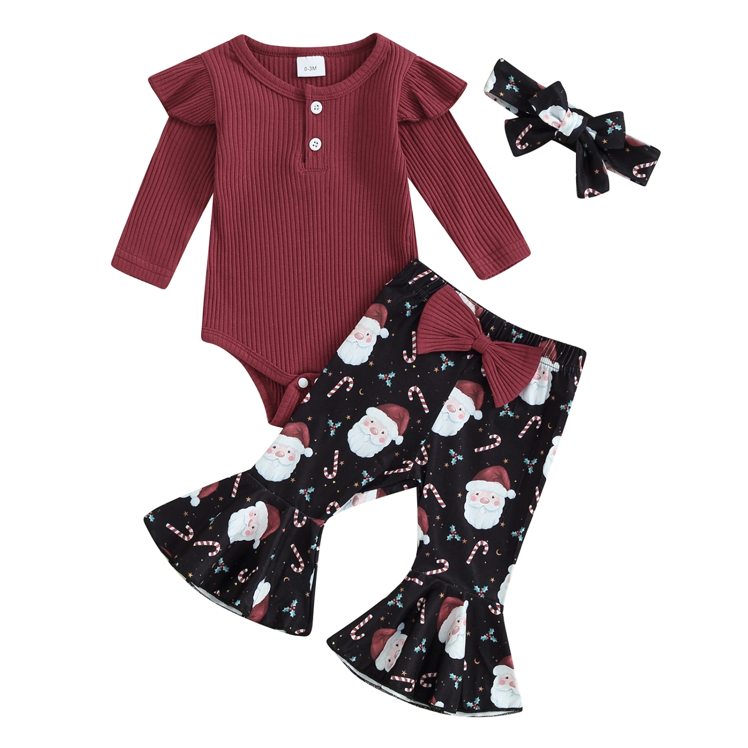 Baby Girls 3 Piece Outfits Christmas Romper and Flared Pants Headband