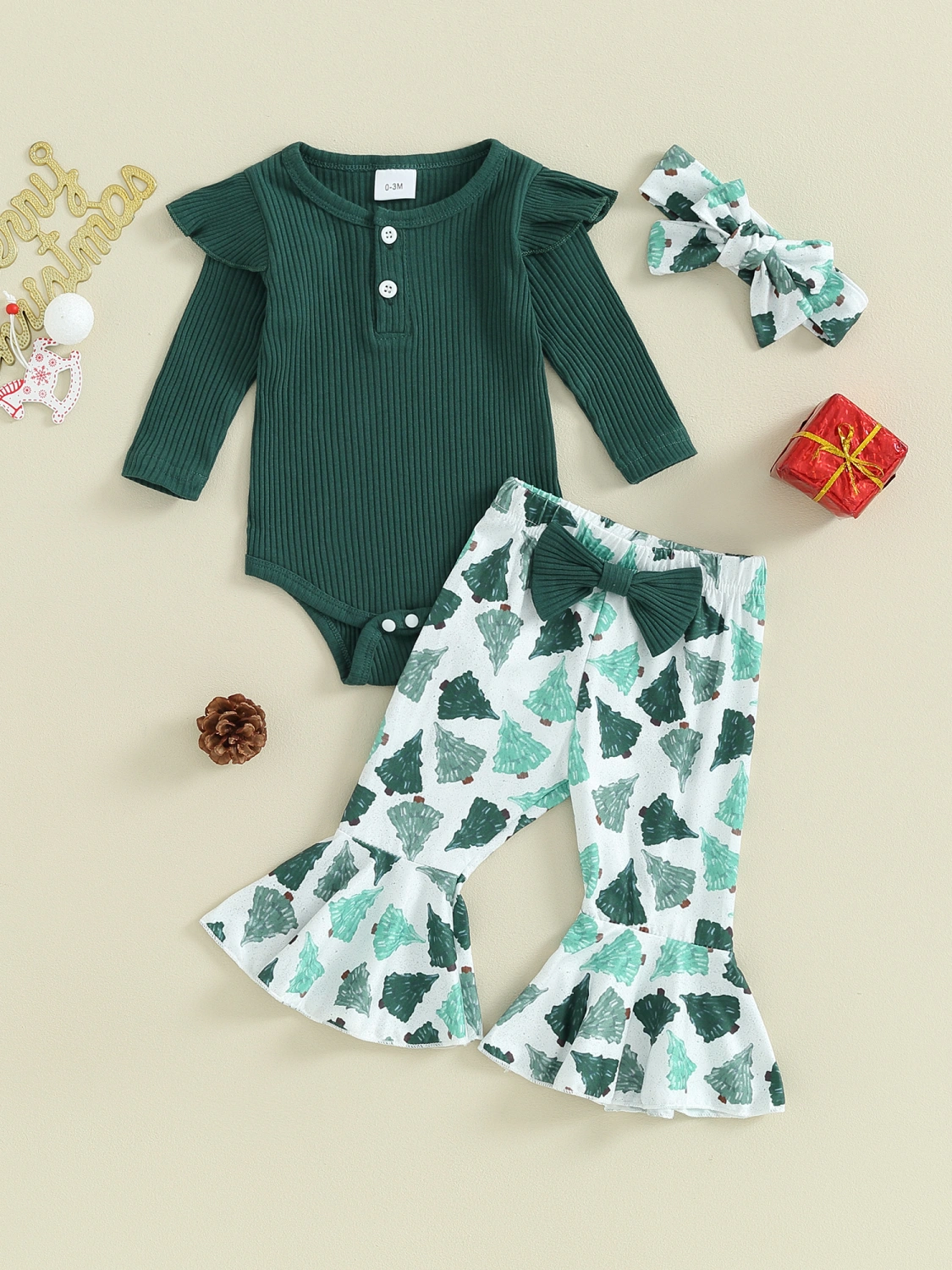Baby Girls 3 Piece Outfits Christmas Romper and Flared Pants Headband