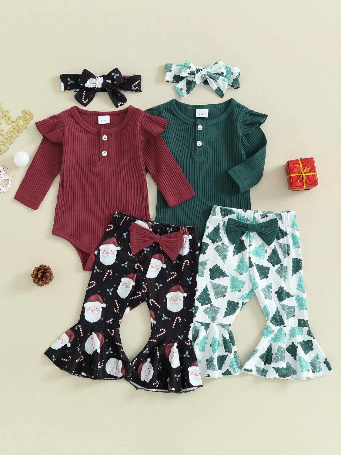 Baby Girls 3 Piece Outfits Christmas Romper and Flared Pants Headband