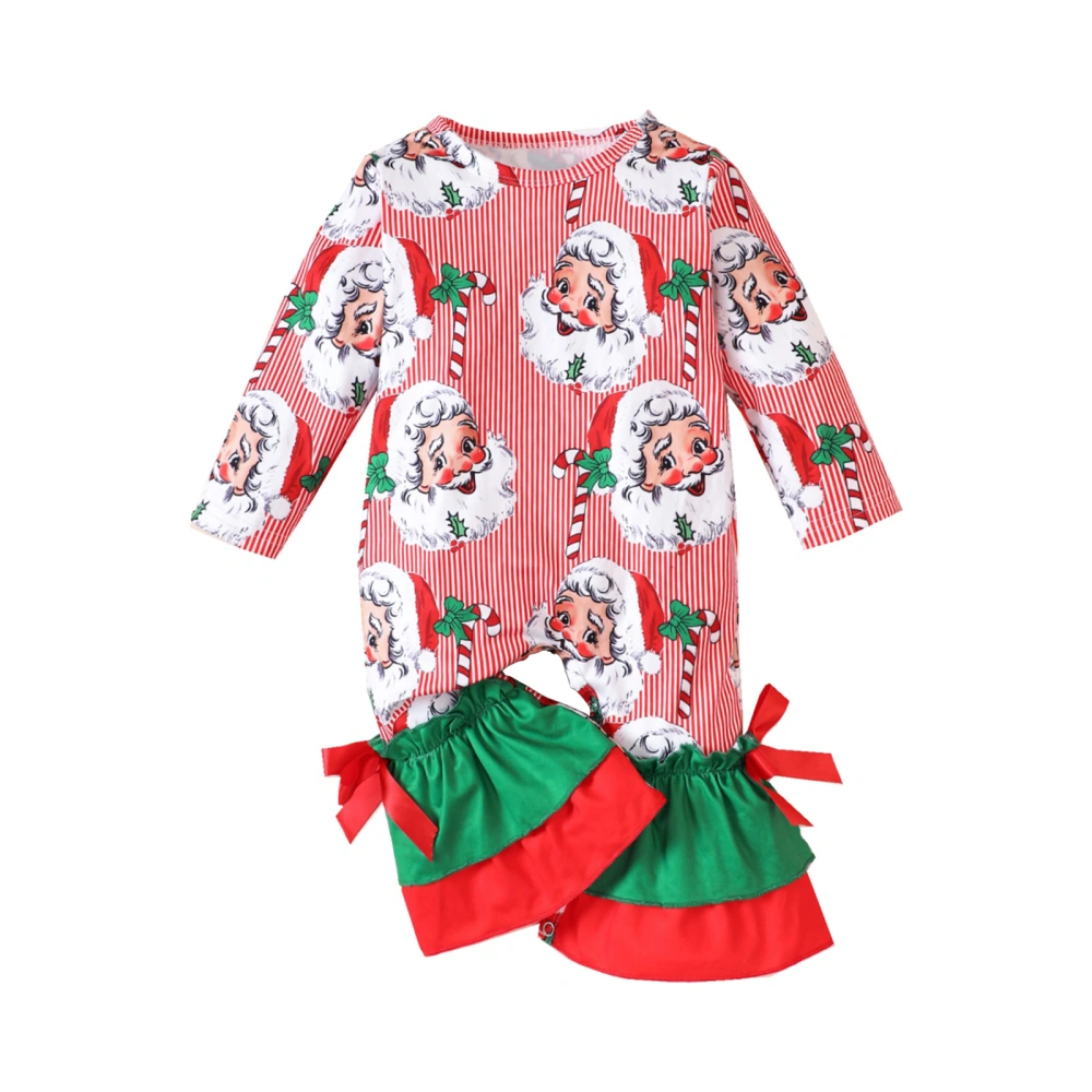 Baby Girls Christmas Jumpsuit, Santa Claus Print Striped Bow Romper