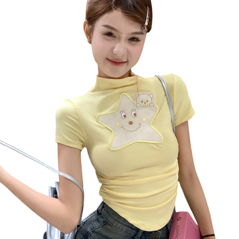 Women's Sweet Baby Tee Short Sleeve Star Bear Applique Tops