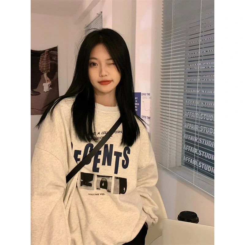 Women's Loose Fleece Sweatshirt Letter Print Crew Neck Pullovers