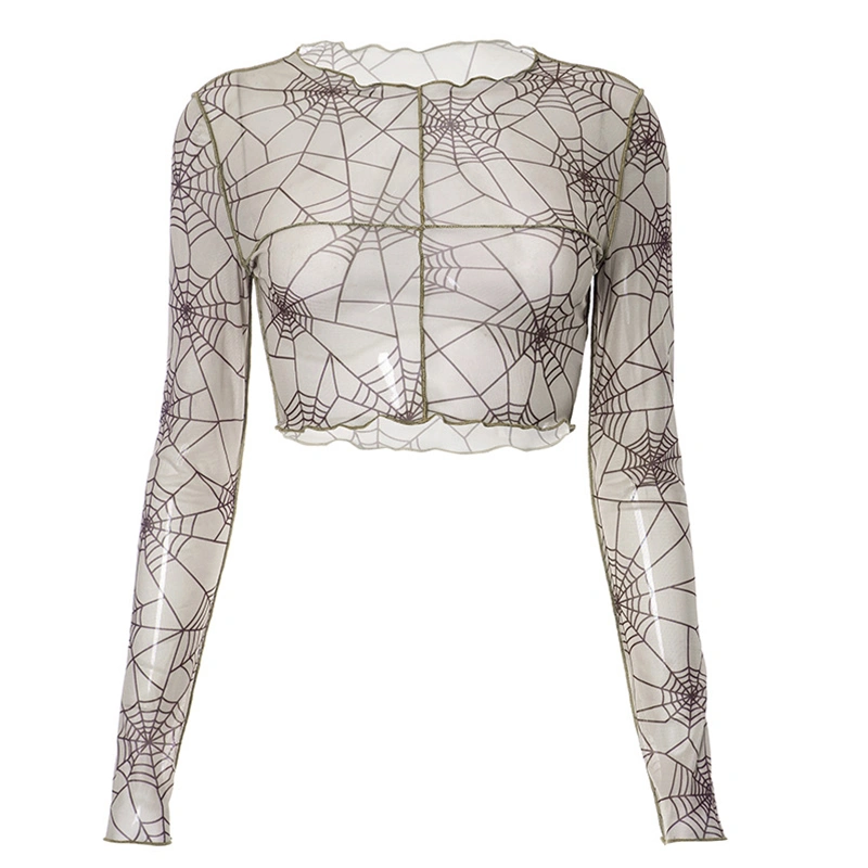 Women Mesh Crop Tops Long Sleeve Spider Web Print Slim Fit T-Shirts