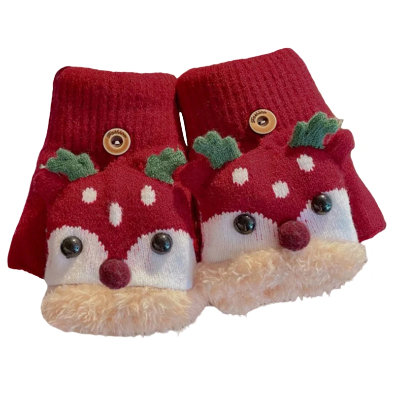 Kids Christmas Mittens Cute Reindeer Flip Top Mittens Knitted Gloves