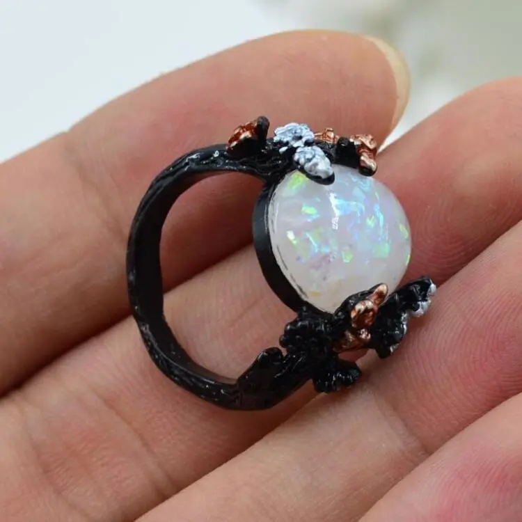 Vintage Flower Opal Ring Black Gold Finger