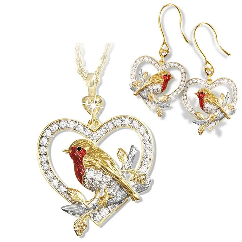 Elegant Crystal Robin Magpie Bird Pendant Necklace Earrings Lover's Gift Anniversary Jewelry Set