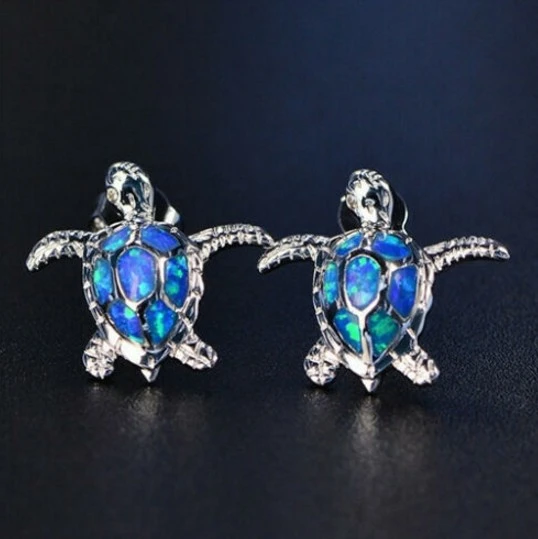 Cute Sea Turtle Blue Fire Opal Stud Earrings Fashion Women Wedding Party Jewelry Birthday Gift Turtle Stud Earrings