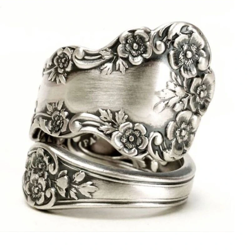 Handmade Antique Silver Color Large Flower Carve Spiral Ring Wedding Floral Rings for Women Engagement Vintage Jewelry