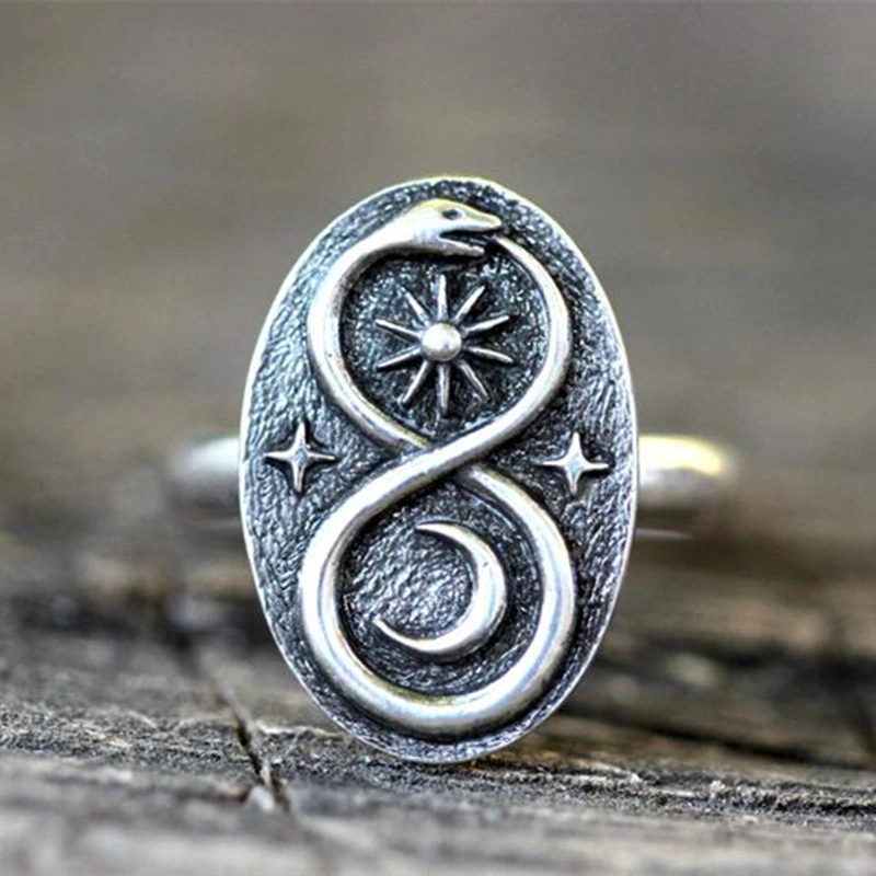 Vintage Snake Shape Women's Ring Fashion S925 Sterling Silver Sun Moon Star Ring Jewelry Accessories