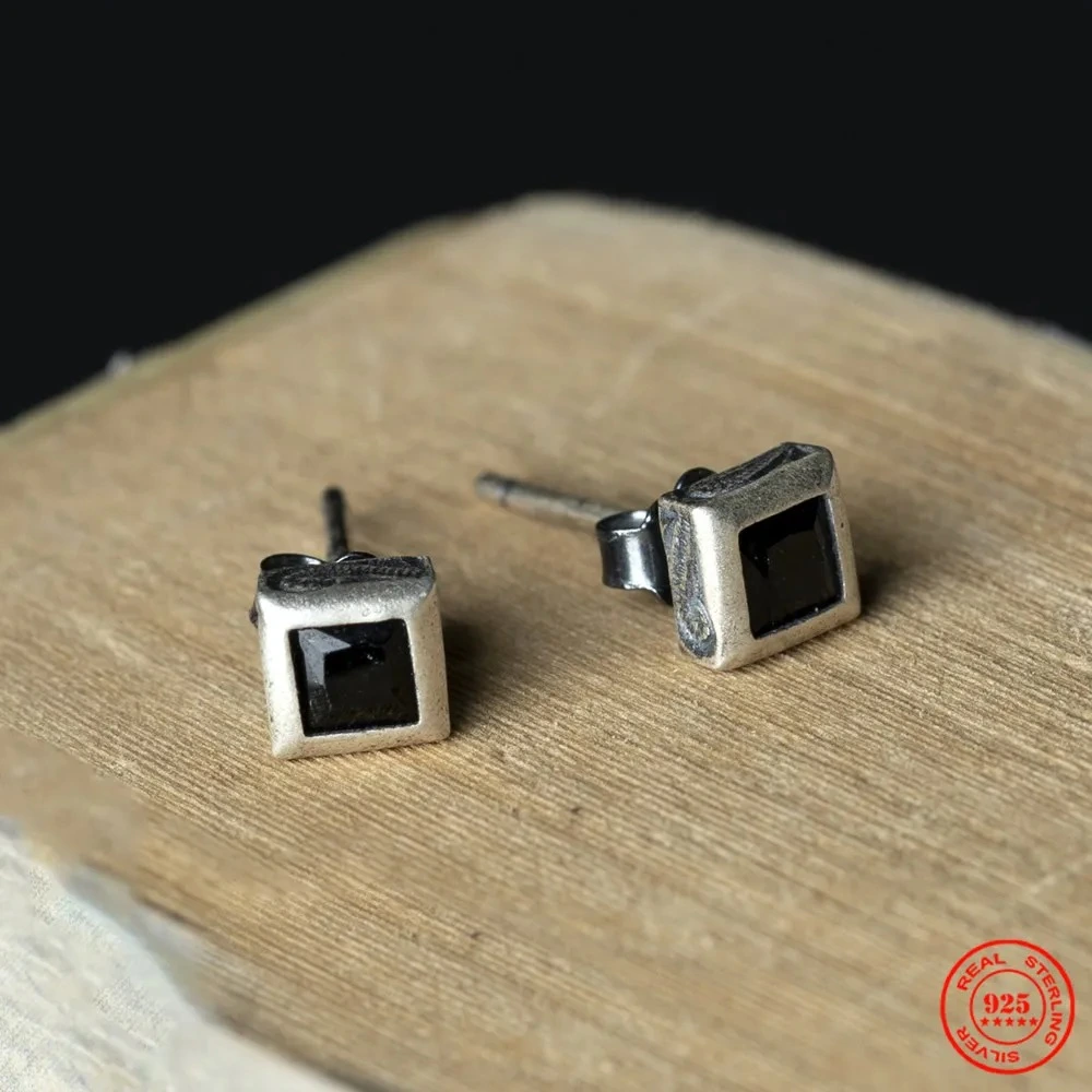 S925 Sterling Silver Square Black Diamond Unisex Style Stud Earrings