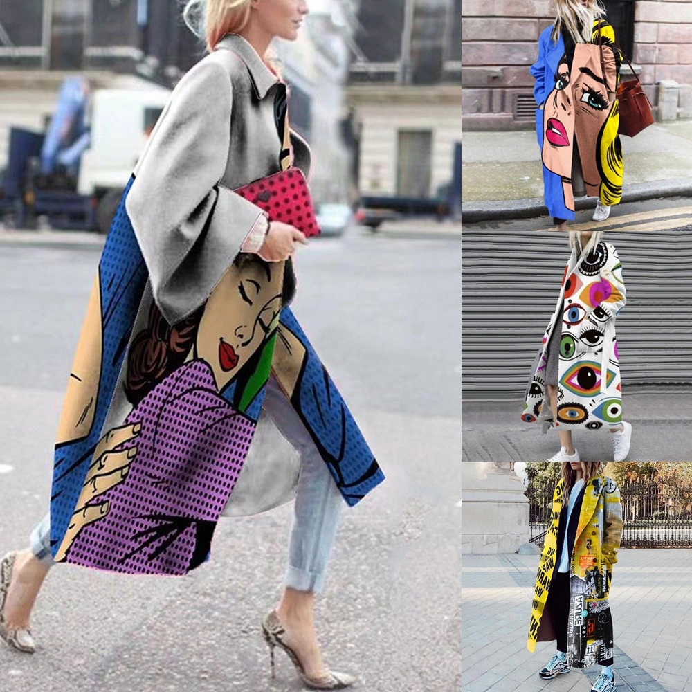 Women's Fashion Long Sleeve Turn-down Collar Coat Printed Woolen