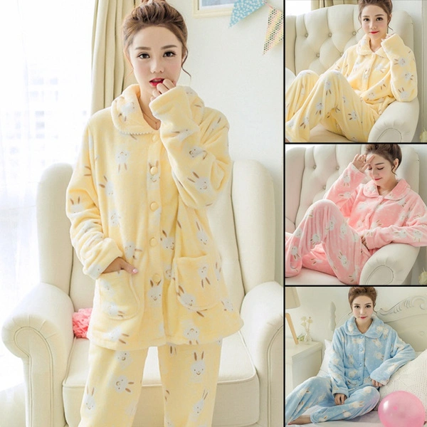 New Women's Flannel Pajamas Set Casual Long Sleeve Fleece Cardigan Warming Sleepwear for Autumn Winter