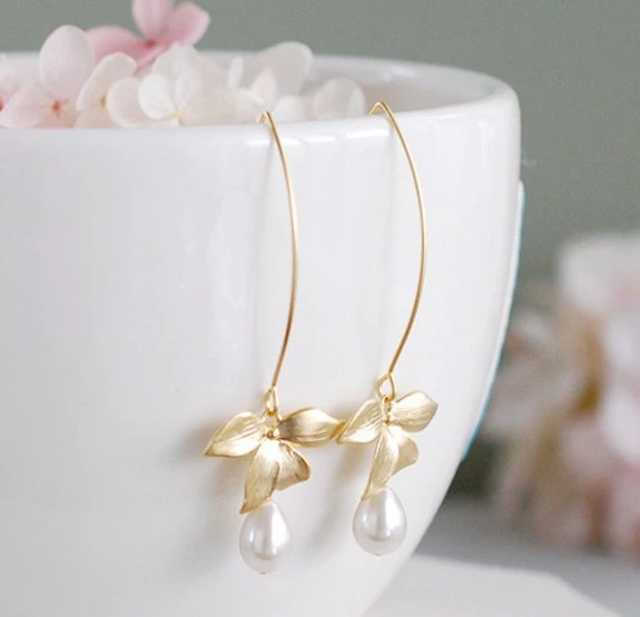 Fashion Jewelry Women Earring Stud Orchid Flower Sage Green Pearl Dangle Earring Jewelry