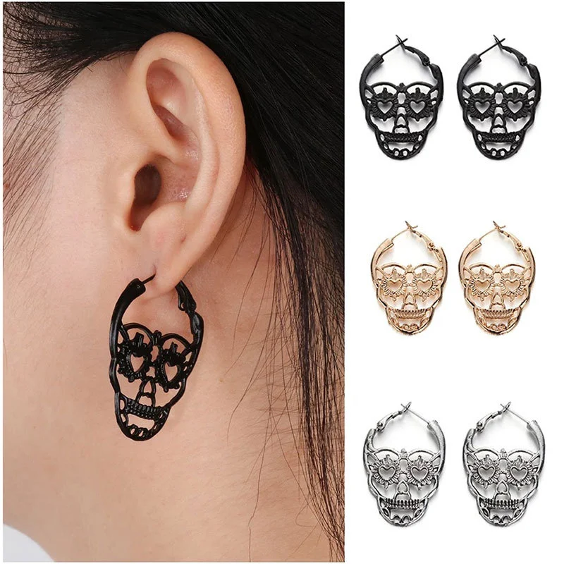 1Pair New Steampunk Skull Stud Earrings Vintage Retro Hollow Skeleton Piercing Ear Gothic Punk Jewelry