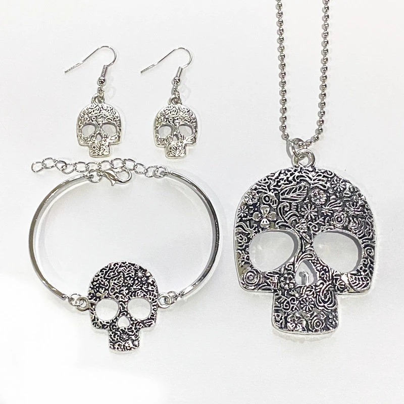 4pcs Necklace Bracelet Earrings Set gorgeous gothic fine silver sugar skull