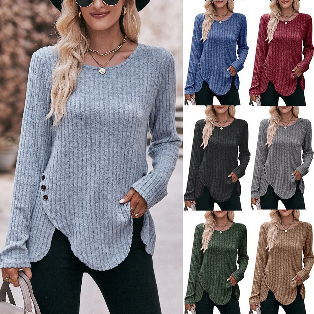 Women Autumn and Winter Warm Clothing Plus Size Fashion Clothes Women's Casual Long Sleeve Tee Shirts Button Stitching Round Neck Knitted Sweater Ladies Solid Color Loose Irregular Pullover Sweater