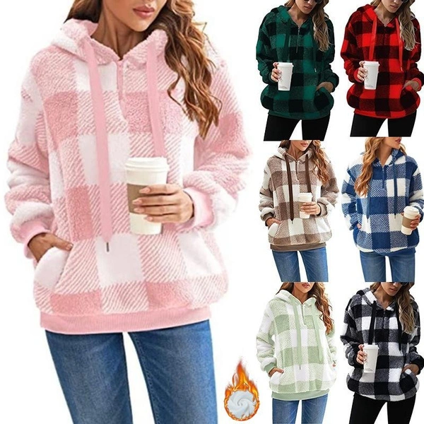 NEW Trendy Women's Casual Hoodies Plaid Fuzzy Plush Pullover Tops Long Sleeve Loose Sweatshirt Autumn Winter Womens Clothing Outerwear with Pocket Plus Size