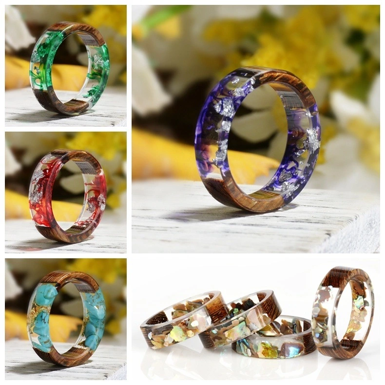 Novelty Handmade Wood Ring Resin Ring Turquoise and Gold Foil Insided Romantic Gift Ring for Lover