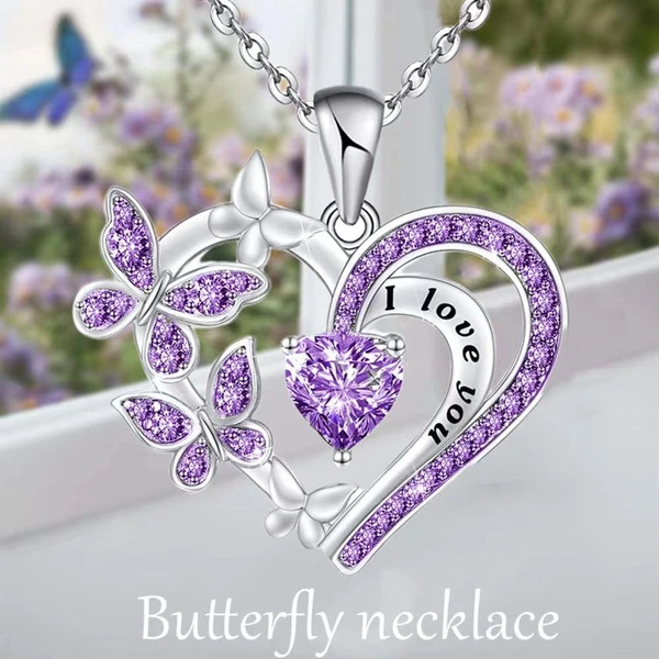 Women Butterfly Rhinestone Necklace Women's Heart Crystal Necklace Mother's Day L Love You Jewelry Gifts for Mom Beautiful Gift for Mom