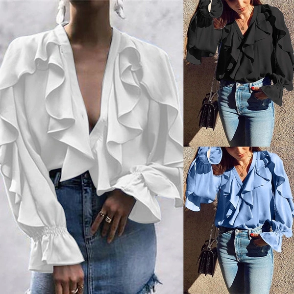 Womens Long Sleeve Shirt Chiffon Blouse Ruffle V Neck Irregular Streetwear Casual Loose Ladies Tops Plus Size S-2XL