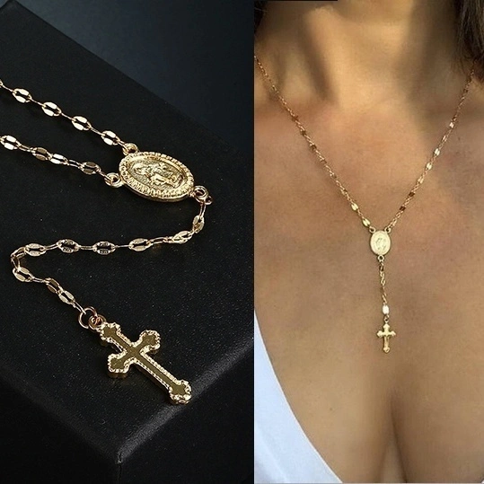 Alloy Vintage Cross Chain Necklace Christian Cross Bohemia Religious Rosary Pendant Necklace for Women Charm Jewelry Gifts Color //rose