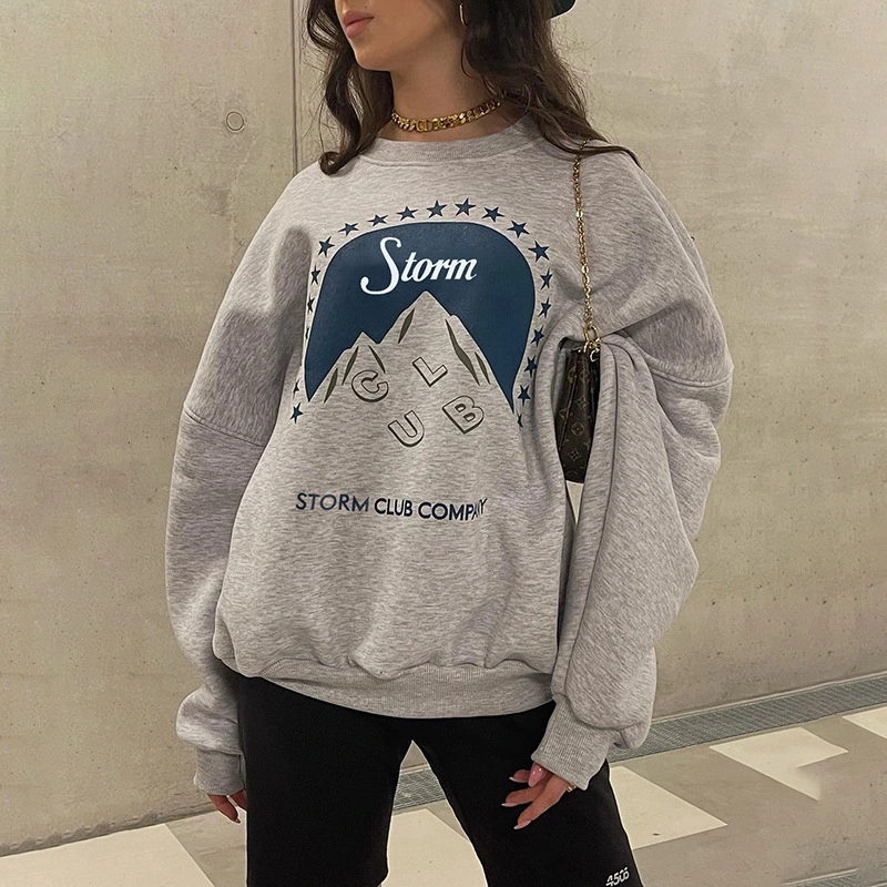 All-match Snow Mountain English Printed Crew Neck Sweatshirt Female