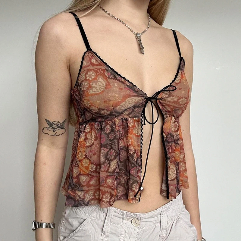 Women's Summer Lace-up Niche Retro Printed V-neck Cardigan Vest