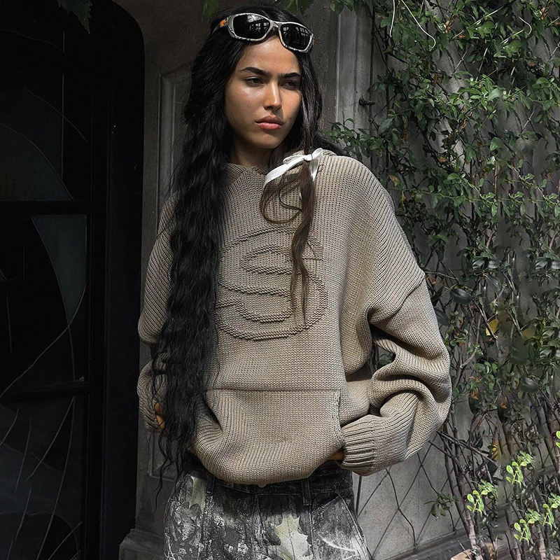 Women's Clothing Solid Color Loose Long Sleeves Pullover Patchwork Letters Fashion Sweater