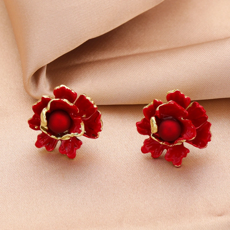 Retro Big Red Sterling Silver Needle Women's Niche Flower Stud Earrings