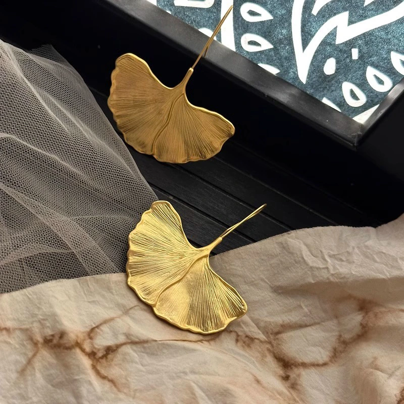 Ginkgo Leaf Textured Metal Leaf Pendant Earrings Exaggerated