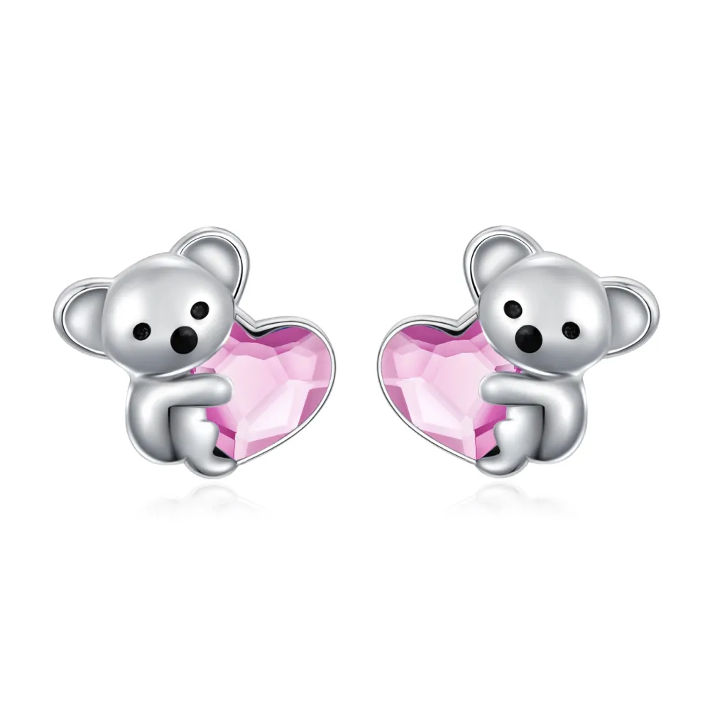 925 Sterling Silver Koala Bear Cute Animal Hypoallergenic Heart Crystal Earrings Jewellery