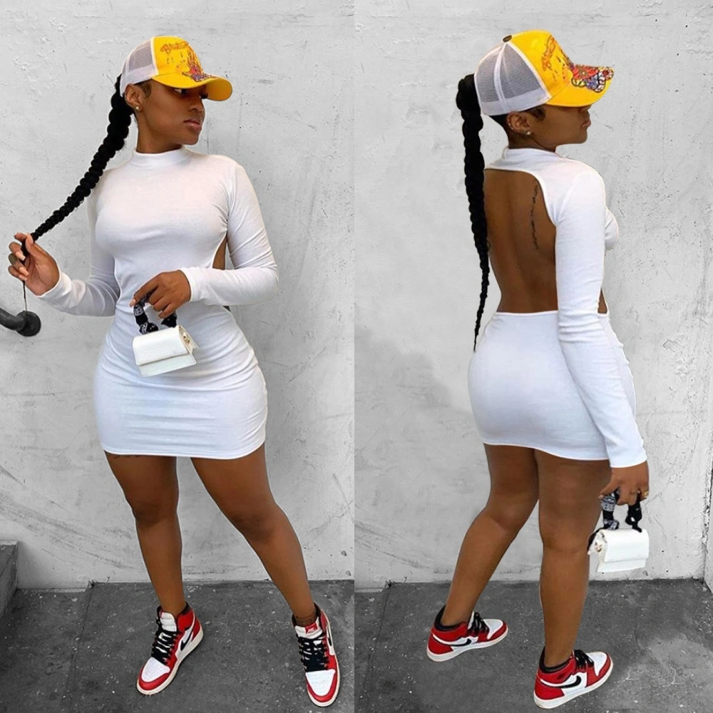 Solid Color High-elastic Long Sleeve Backless Dress