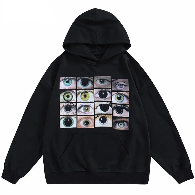 Men Hip Hop Streetwear Hoodie Sweatshirt Eyes Print Harajuku Pullover Autumn Cotton Casual Hooded Hoodie Black Sweat Shirt