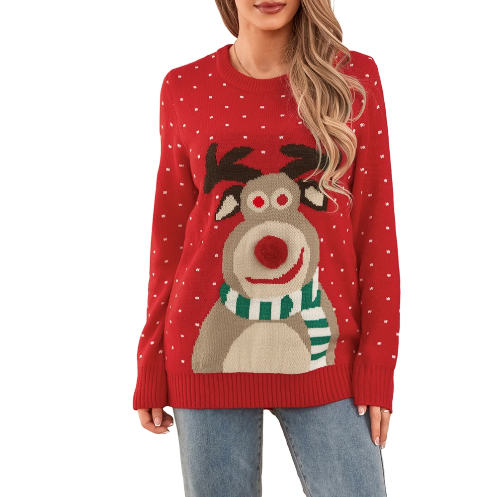 Women Christmas Sweater Long Sleeve Crew Neck Cartoon Elk Pullover