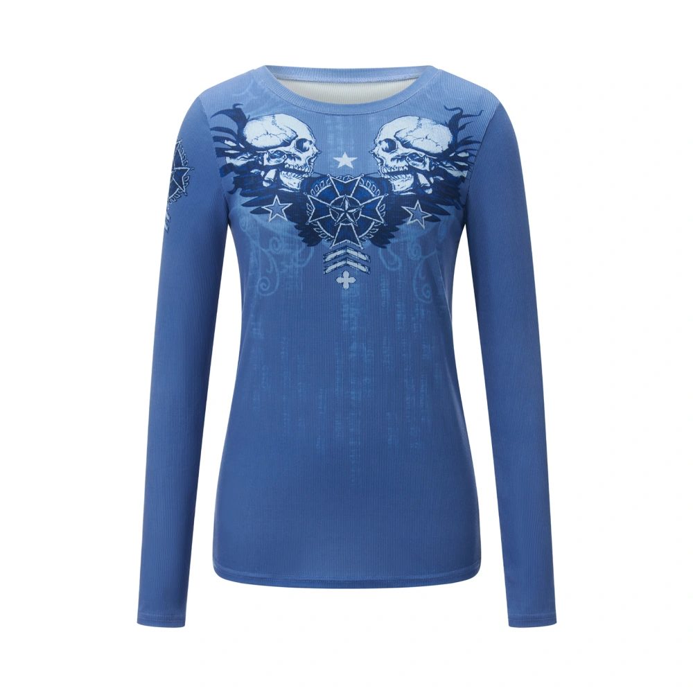 Women T-shirt Long Sleeve Crew Neck Skull Print Slim Ladies Fall Tops