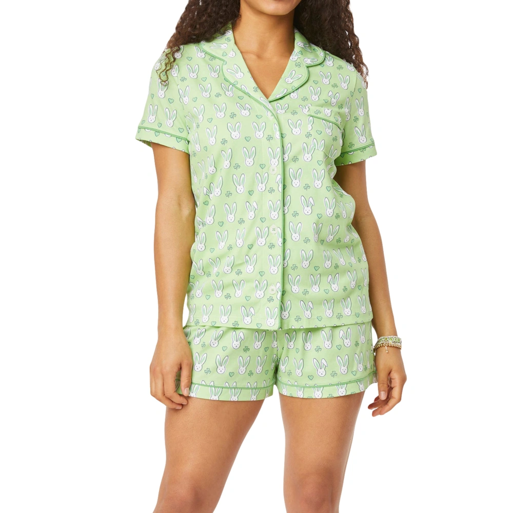 Women Pajama Set, Rabbit Print Short Sleeve Shirt with Shorts