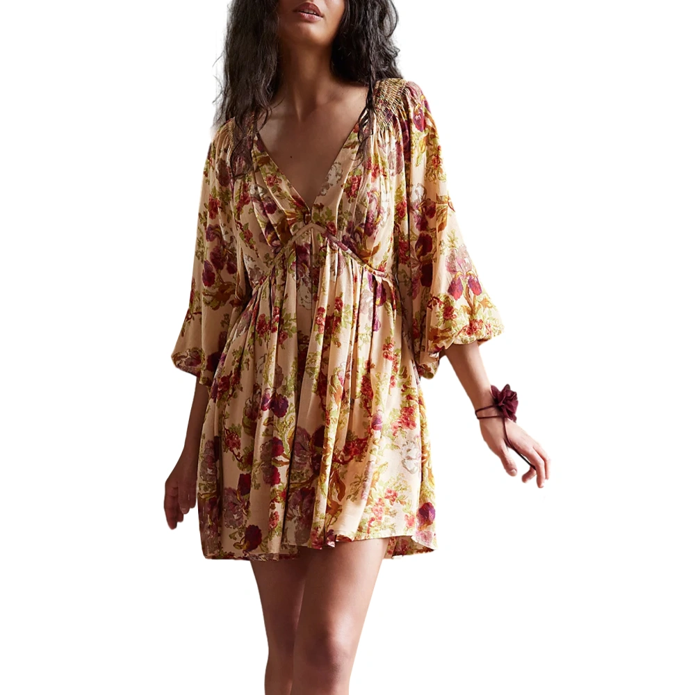 Women's Summer A-Line Dress 3/4 Sleeve Deep V Neck Floral Print Dress